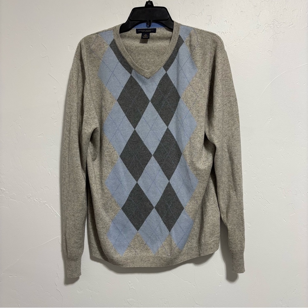 Banana Republic Argyle V Neck Silk Cashmere Sweater Men's Medium Gray Blue VTG
